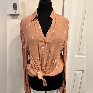 NWT DRESS FORUM PINK/salmon polka dot tie front long sleeve blouse Large
